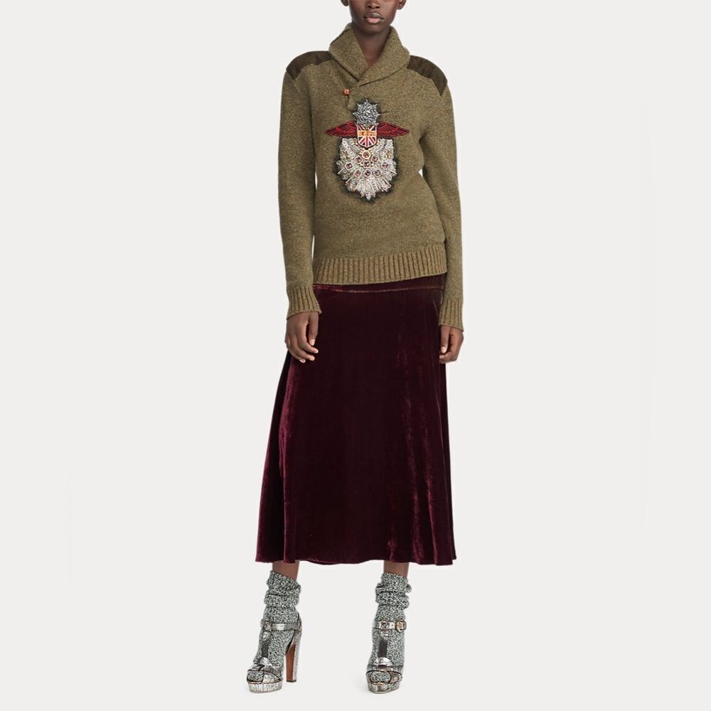 Ralph Lauren Collection Anniversary Olive Cashmere Shawl Collar Shield Sweater - Picture 15 of 16